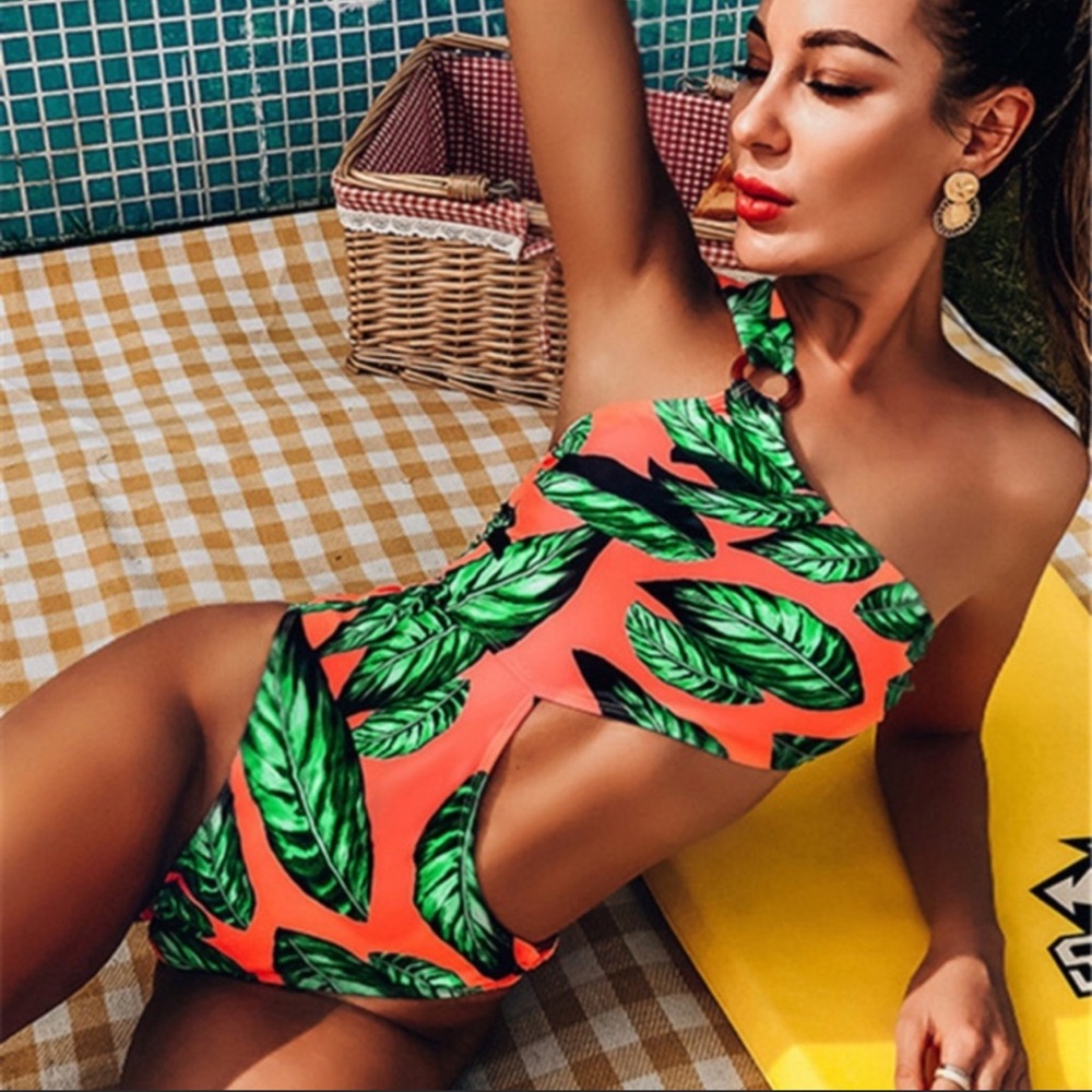 NEW‼️ Summer ORANGE GREEN leaves padded- bikini - Picture 3 of 3